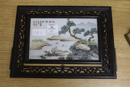 A single Chinese porcelain panel, in carved wood frame panel 15 x 24cm